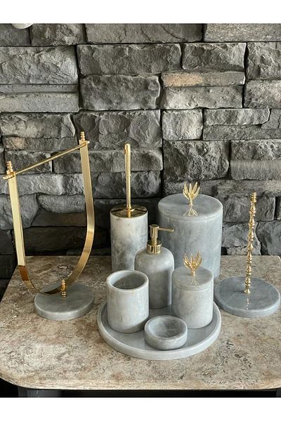 ege gross Gray Natural Marble Gold Olive Branch Accessory 9-Piece Bathroom Set