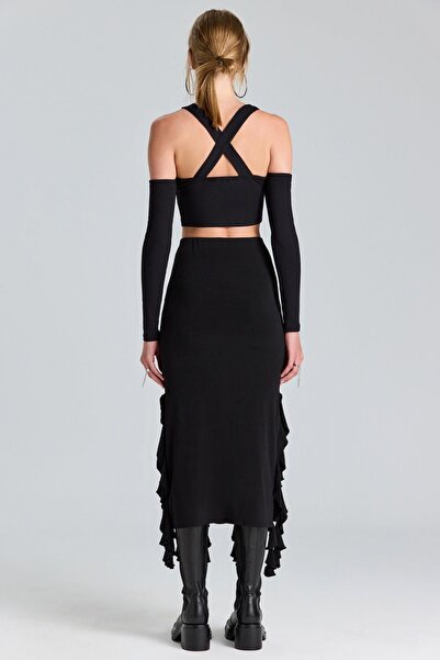 boutiquen 2783 Ruffled Long Black Skirt