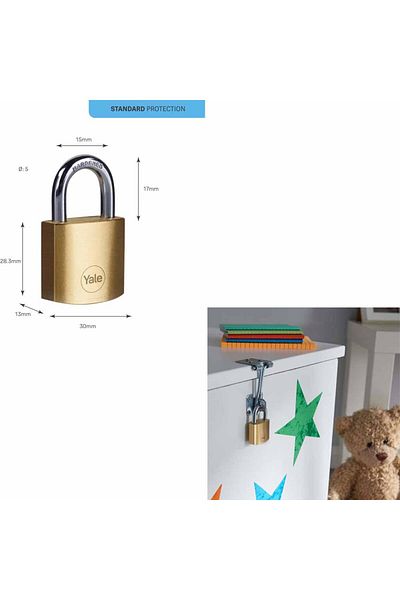 Yale - Brass Padlock 30mm - Standard Protection - Steel Ring - Double Locking - 3 Keys
