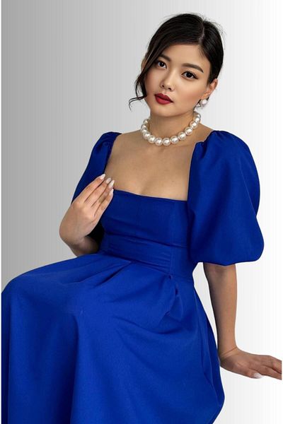 WOMAN VISION Ernest Γυναικείο Midi Φόρεμα - Saks Blue, Μπαλόνι Μανίκι, Νυφικό Φόρεμα/Φόρεμα επιστροφής στο σπίτι 004
