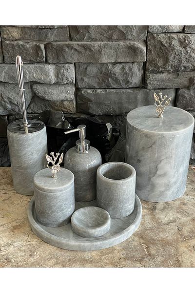ege gross Gray Pollen Stone Marble Japanese Rose 7 Piece Bathroom Set with Silver Accessories