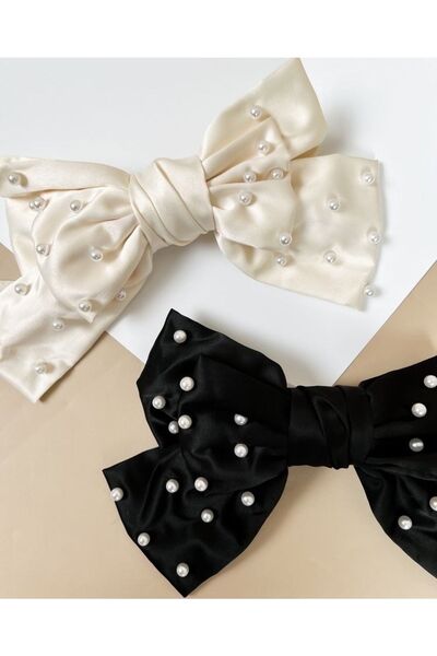 alhifa Cataramă din satin cu fundă automată din 2 piese Ecru negru cu perle