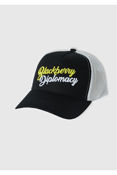 United Colors of Benetton Men's Black Cotton Blend 3D Embroidered Hat with Mesh Detail on the Back
