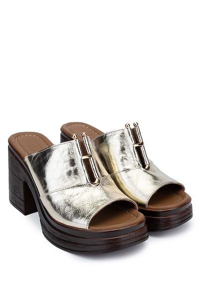 Tamer Tanca Genuine Leather Women's Gold Heeled Slippers