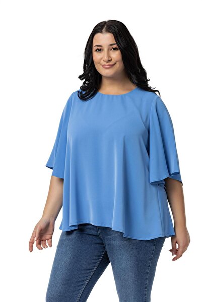 DISENTIS MODEST Indigo Μπλούζα μεγάλου μεγέθους με Flare Sleeves - Κοντό μανίκι