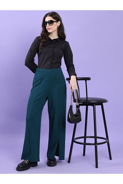 Tokyo Talkies By Styli High Rise Button Detail Pintuck Slit Hem Trousers