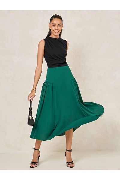 Styli Wide Waistband Plicated A-Line Midi Skirt