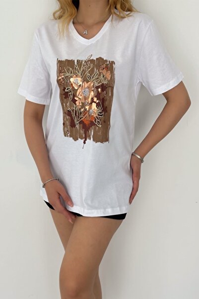 FEMELLE White V-Neck Large Size Floral Sequined T-Shirt - 100% Cotton