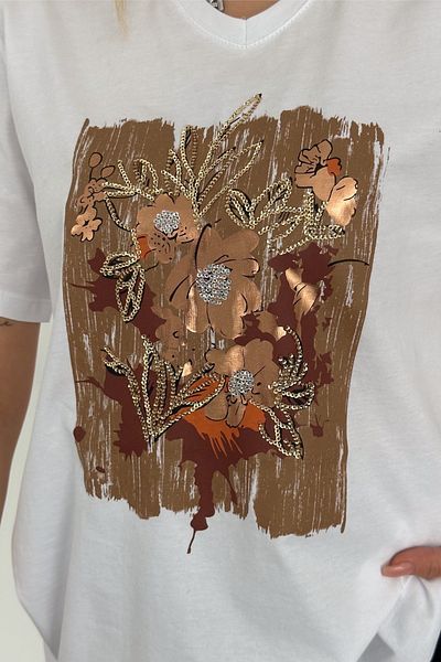 FEMELLE White V-Neck Large Size Floral Sequined T-Shirt - 100% Cotton