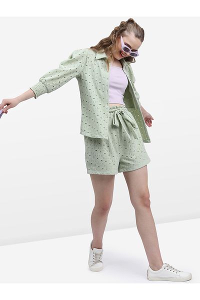 Ketch By Styli Schiffli High Rise Tie Up Waist Shorts