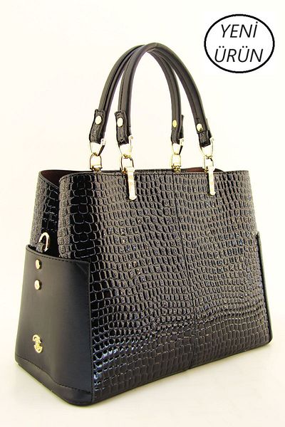HNB Women's Black Patent Leather Crocodile Pocket Classic Lightweight Hand and Shoulder Bag