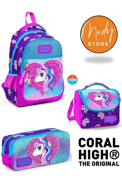 Coral High Set de 3 genți de școală cu model unicorn roz violet argintiu