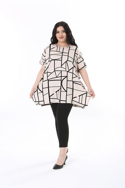 XL Modam Tunica de damă cu model geometric bej și negru de mărime mare