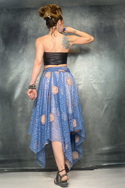 Quincey Fusta asimetrică brodata din dantela albastra