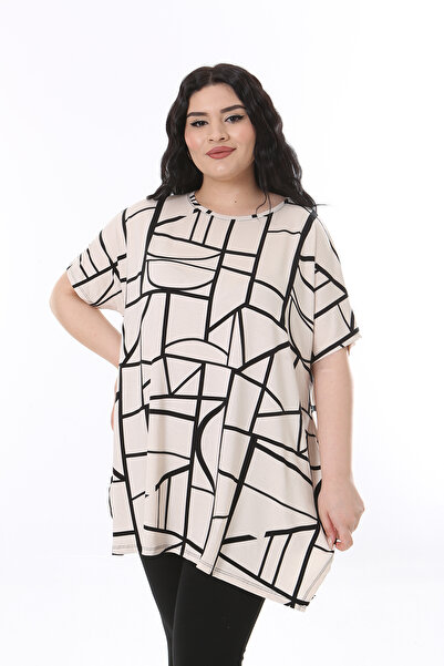 XL Modam Plus Size Beige and Black Geometric Patterned Women's Tunic