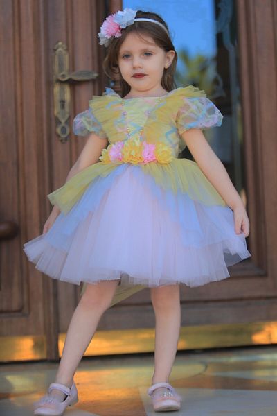 MİSS RAİN Colorful Flower DeTailed Tulle Girl's Evening Dress - Special Tiers CuT, Accessory GifT