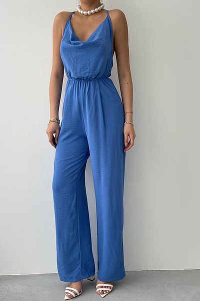 bayansepeti Aerobin Fabric - Back Low-cut Long Blue Jumpsuit 124