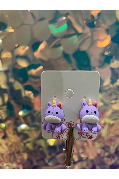 1PARÇAMAVİ Mor Unicorn Deliksiz Sıkıştırma Mandallı Klipsli Kız Çocuk Küpesi