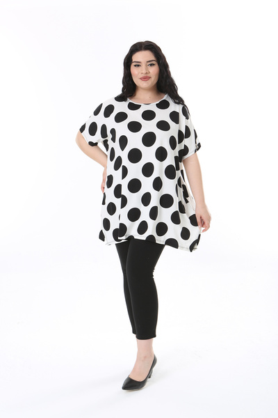 XL Modam Plus Size Black and White Polka Dot Patterned Tunic