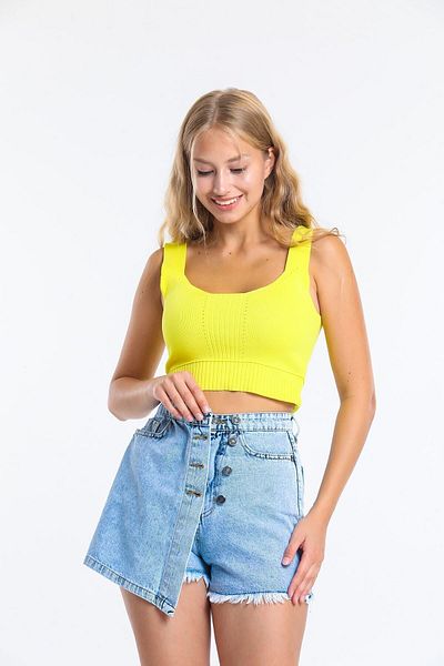 SHEVEGA Fustă cu pantaloni scurți din denim albastru deschis - Detaliu cu nasturi și ciucuri (SLIM FIT)