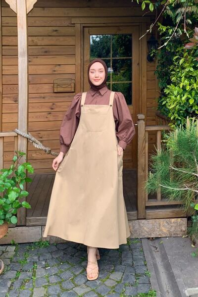 Ceylan Otantik Milk Brown Linen Skirt Salopet & Bitter Brown Classic Collar Crop Shirt