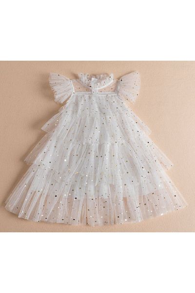 Petityu Tutu Bright White Girl's Cute Layered φόρεμα με αστέρια για γενέθλια
