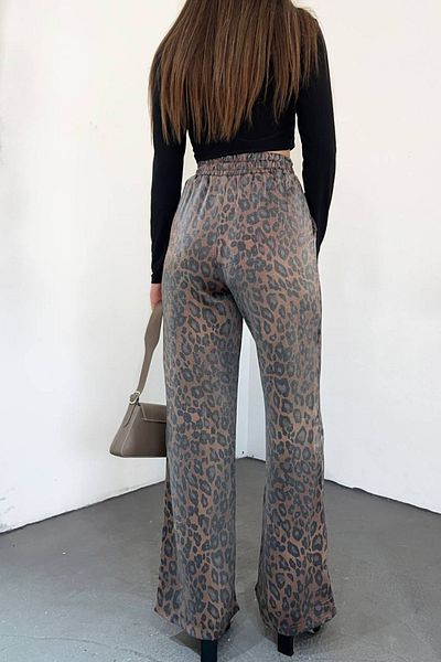 Bold Grup Women's Leopard Print Shiny Fabric High Waist Trousers