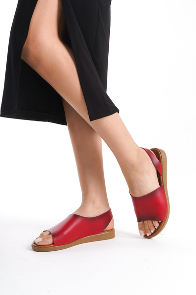 ünverdi Red Genuine Leather Sendy - Practical Women's Sandals with Flat Sole ...