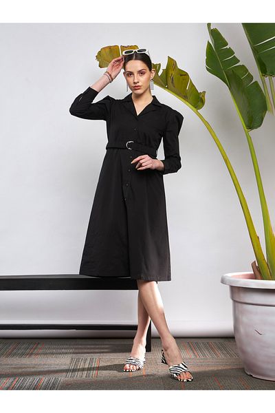 Sassafras By Styli Poplin Ruched Belted Shirt Dress with Puff Sleeve