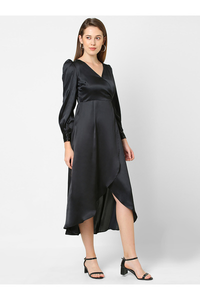 Mish By Styli Satin Asymmetric Hem A-Line Wrap Midi Dress