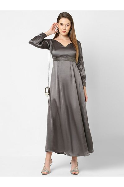 Mish By Styli Solid Satin Maxi Dress with Slit Sleeve