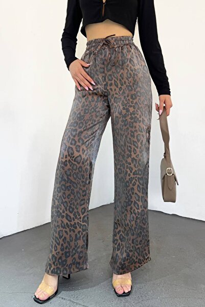 Bold Grup Women's Leopard Print Shiny Fabric High Waist Trousers