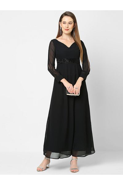 Mish By Styli Embellished Georgette Maxi Dress with Slit Sleeve