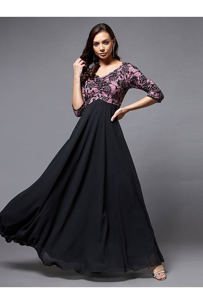 Miss Chase By Styli Floral Mesh Insert A-Line Maxi Dress