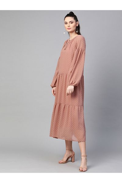 Sassafras By Styli Dobby Tie Up Neck Tiered Midi Dress
