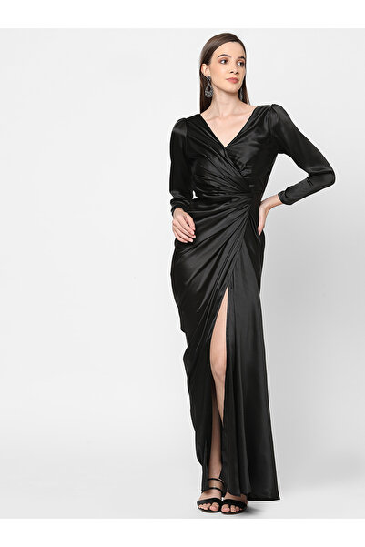 Mish By Styli Gathered Front V Neck Satin Maxi Dress