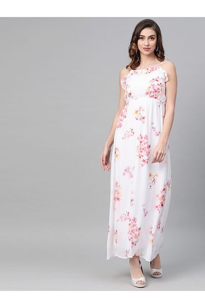 Sassafras By Styli Floral Ruffle Detail Strappy Maxi Dress