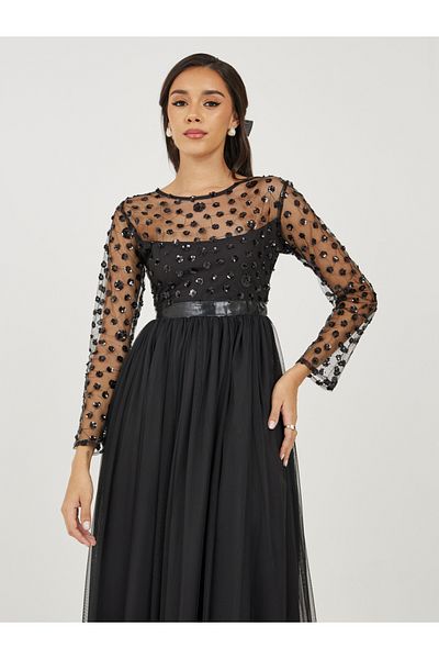 Styli Sequin Embellished Mesh Insert A-Line Maxi Dress