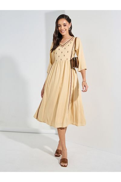 Styli Embroidered Panel V Neck A-Line Midi Dress