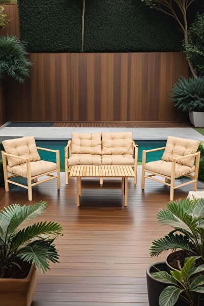 Meya Dekor Gloria Ahşap Balkon Bahçe Teras Oturma Grubu - Bahçe Mobilyası (minderler Dahil)