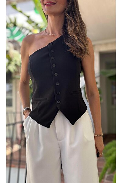 Atelier Derin Μαύρο Γιλέκο με Έναν Ώμο - Άνετο και Κομψό Σχέδιο