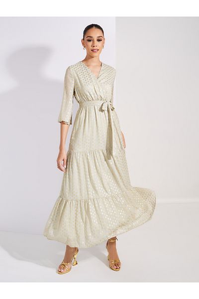 Styli Lurex Foil Print Wrap Front Tiered Maxi Dress