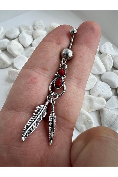 Karınca Piercing Authentic Stone Detailed Feather Dangle Belly Piercing