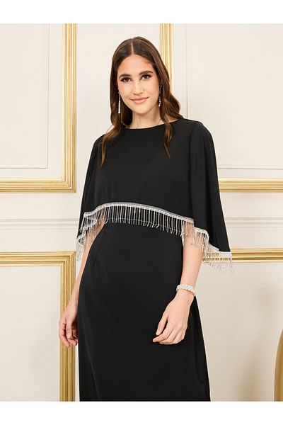 Luxewave By Styli Tassel Trim Cape Sleeves Shift Maxi Dress
