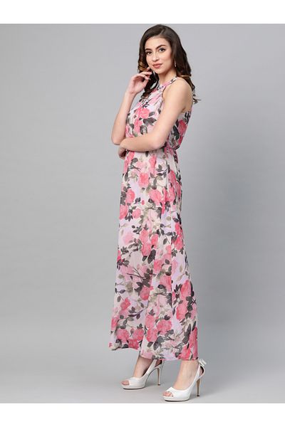 Sassafras By Styli Floral Print Halter Neck Maxi Dress
