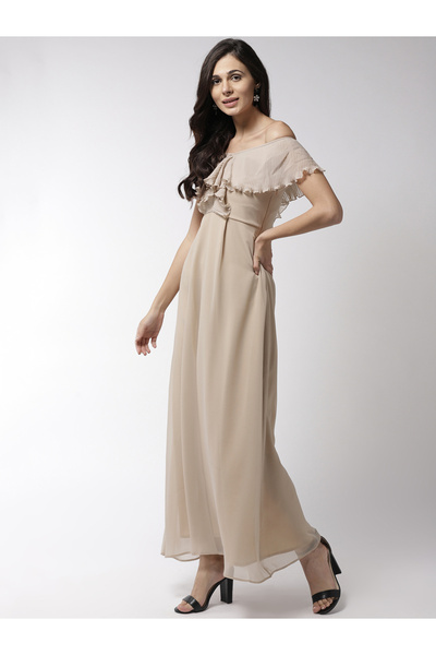 Mish By Styli Solid Satin Maxi Dress with Plisse Cape Neck