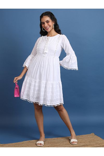Vishudh By Styli Embroidered Pom pom Detail A Line Knee Length Dress