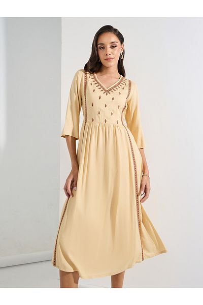 Styli Embroidered Panel V Neck A-Line Midi Dress
