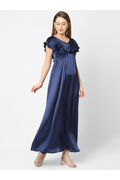 Mish By Styli Solid Satin Maxi Dress with Plisse Cape Neck