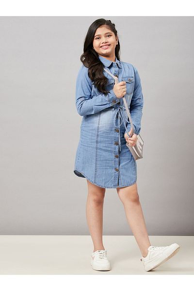 Stylo Bug By Styli Drawstring Front Denim Shirt Dress